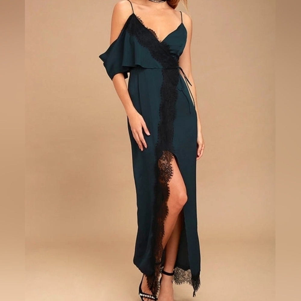 KEEPSAKE the Label Teal-One Shoulder Maxi Dress with Black Lace